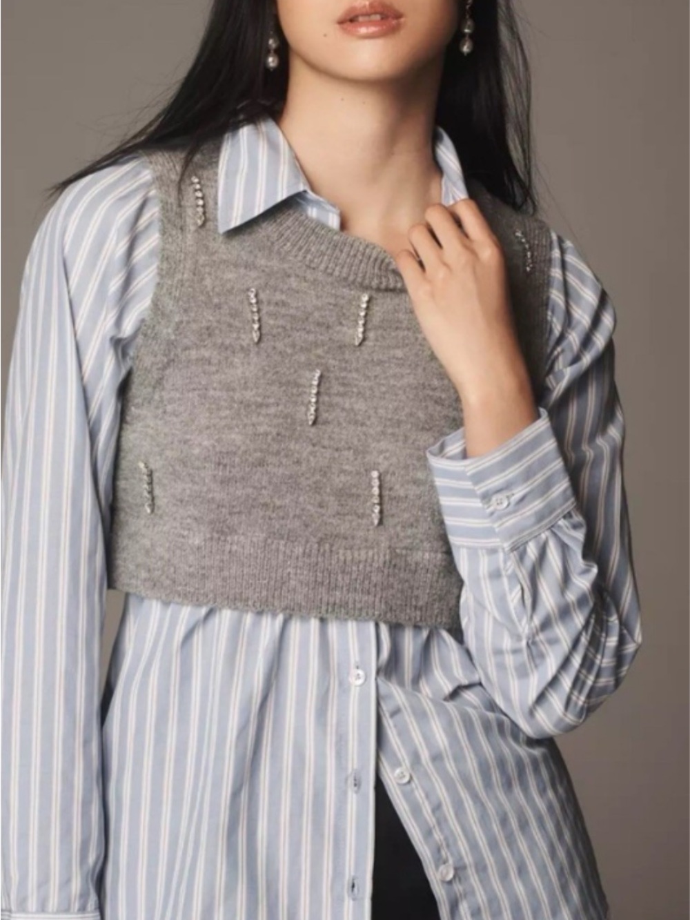 Anthropologie Grey Beaded Cropped V-Neck Sweater Vest